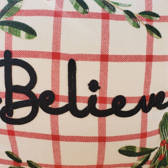 Christmas Holiday Throw Pillow Red Pom-Poms, Plaid Design Embroidered "Believe" - Picture 4 of 10